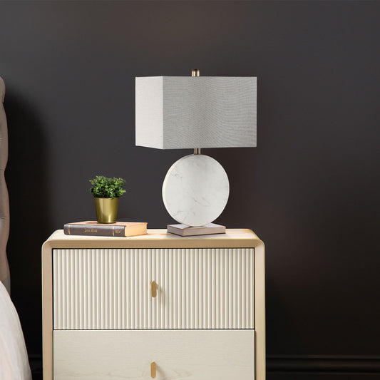 62cm White Marble Table Lamp with Grey Linen Shade - E27