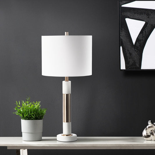70cm White Marble and Metal Table Lamp with White Linen Shade - E27