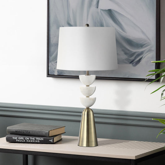 90.5cm White Marble and Antique Brass Metal Table Lamp with White Linen Shade - E27