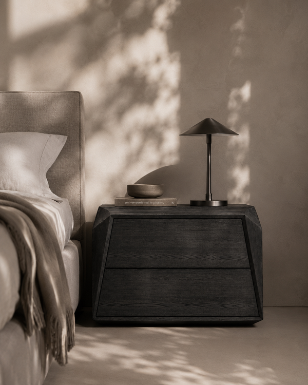 Madon Wide Bedside Table 700mm - Smoke Oak - Tommy Franks