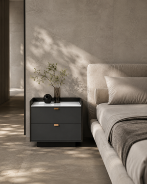 Saviour Bedside Table - White Marble & Anthracite/Grey Wash Oak - Tommy Franks