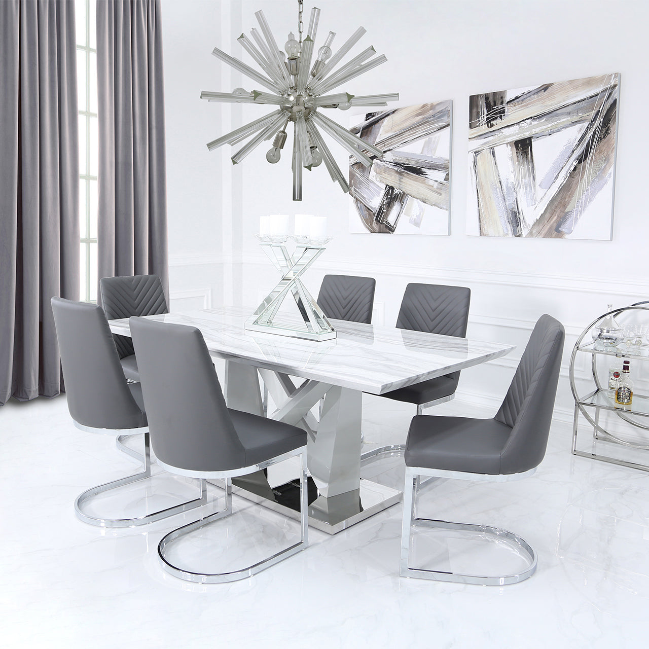 Amara Dining Table & 6 Grey Chevron Chairs
