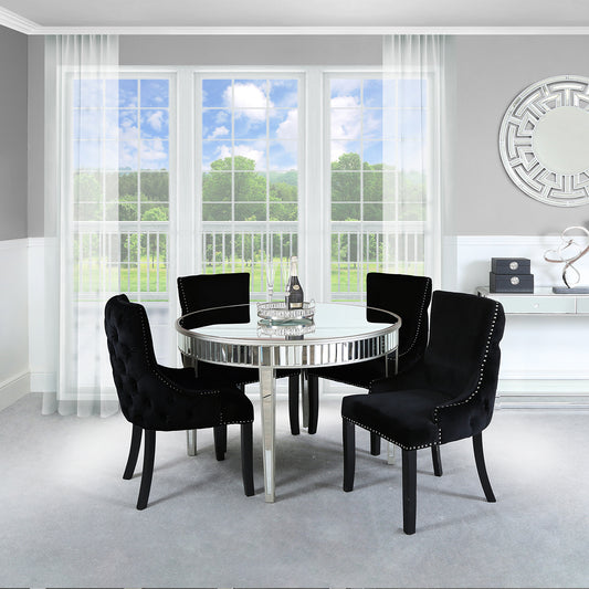 Apollo Silver Round Dining Tbl & 4 Black Tufted Chairs