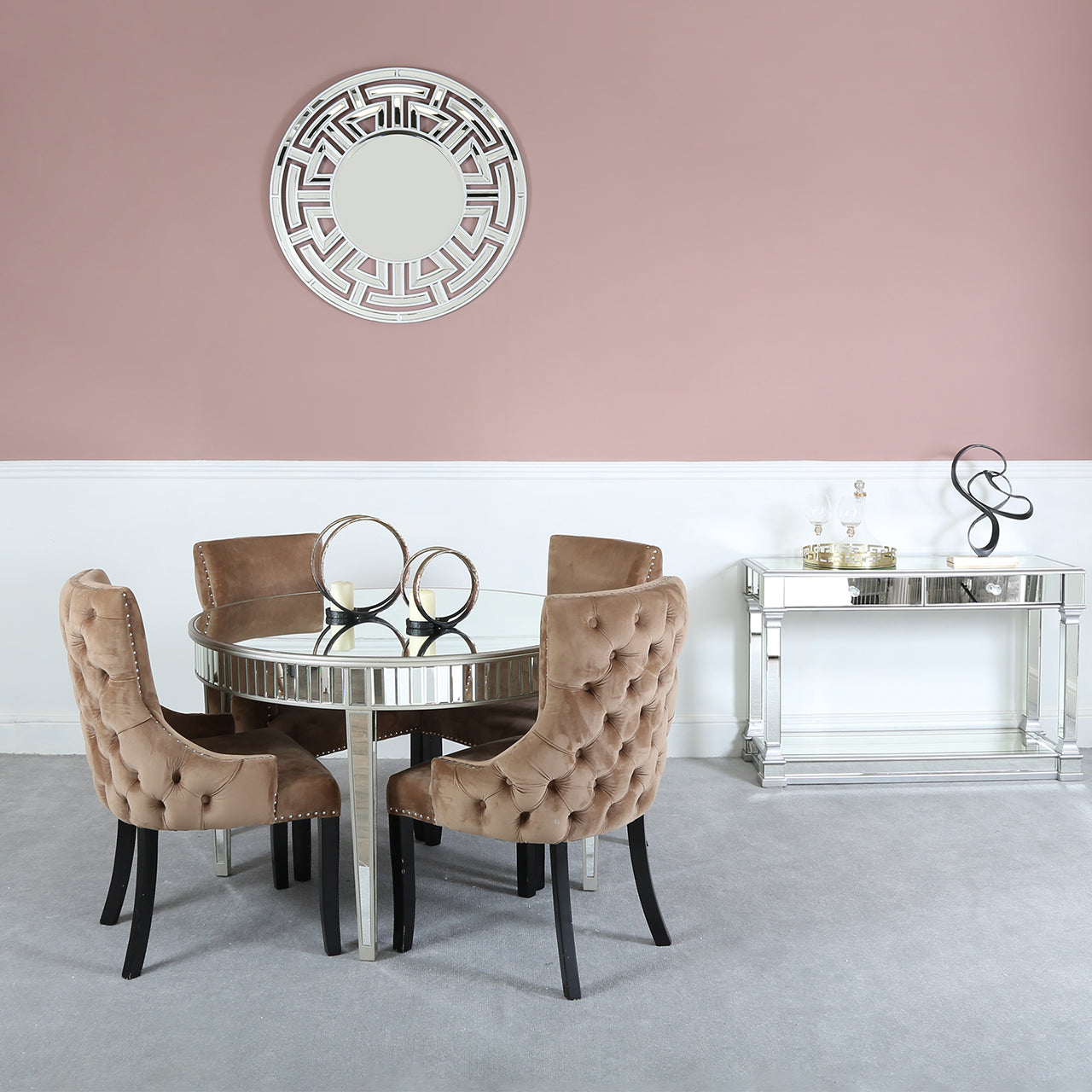 Apollo Silver Round Dining Tbl & 4 Champagne Tufted Chairs