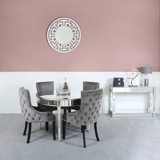 Apollo Silver Round Dining Tbl & 4 Grey Tufted Chairs