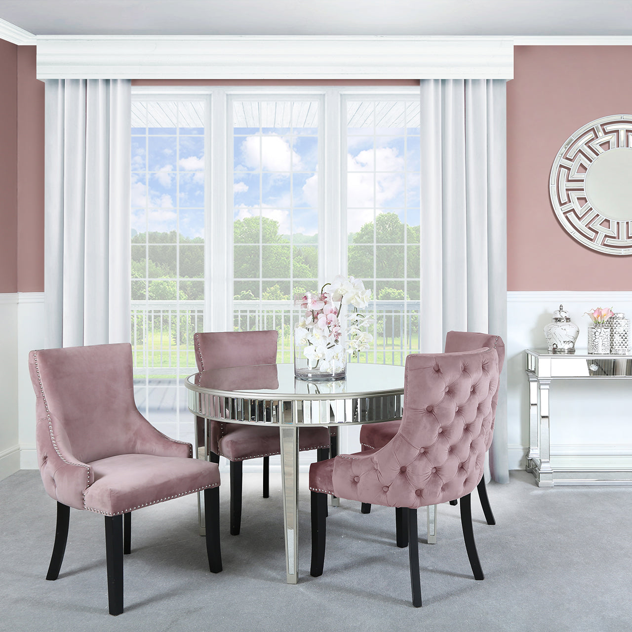 Apollo Silver Round Dining Tbl & 4 Pink Tufted Chairs