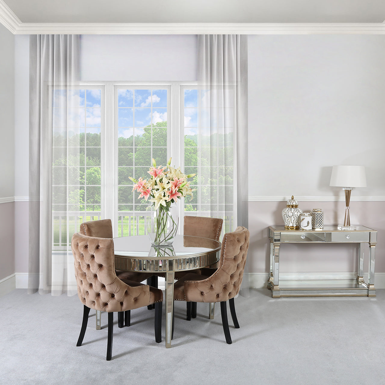 Apollo Champ Round Dining Tbl & 4 Champagne Tufted Chairs