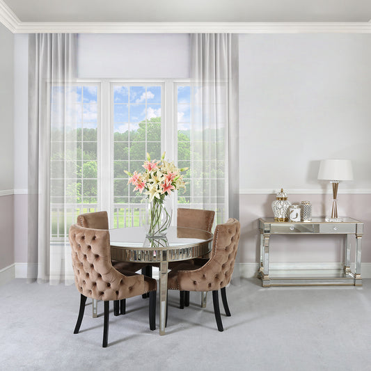 Apollo Champ Round Dining Tbl & 4 Champagne Tufted Chairs