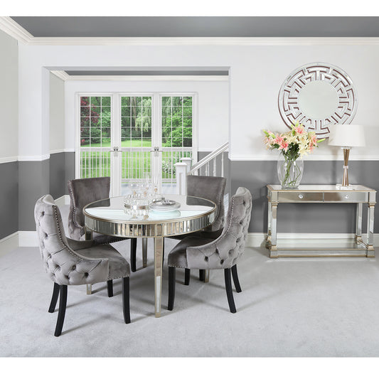 Apollo Champ Round Dining Tbl & 4 Grey Tufted Chairs