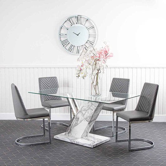 Lusso Dining Table White Marble And Chrome & 4 Grey Chairs