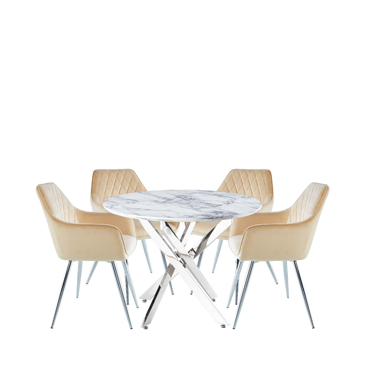 Nova 100cm White Marble & Chrome Dining Table 4 Quinn Champagne Chrome Legs