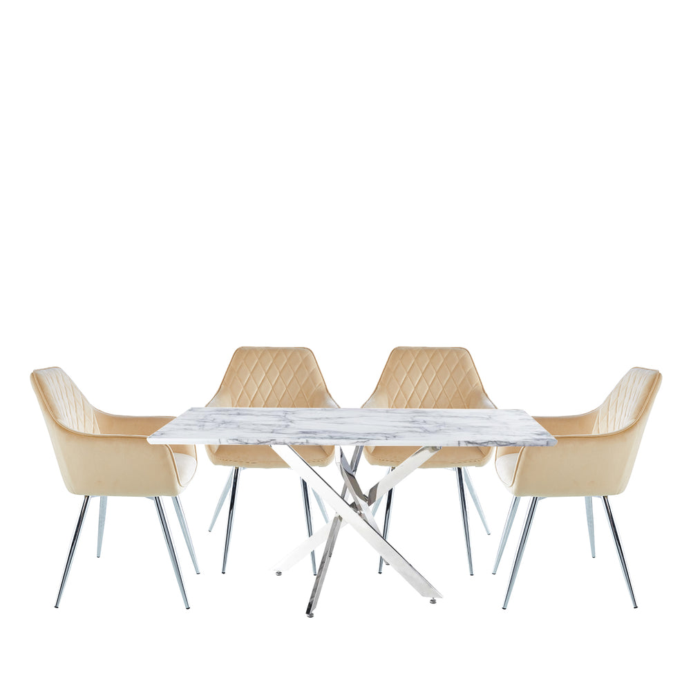 Nova 160cm White Marble & Chrome Dining Table 4 Quinn Champagne Chrome Legs