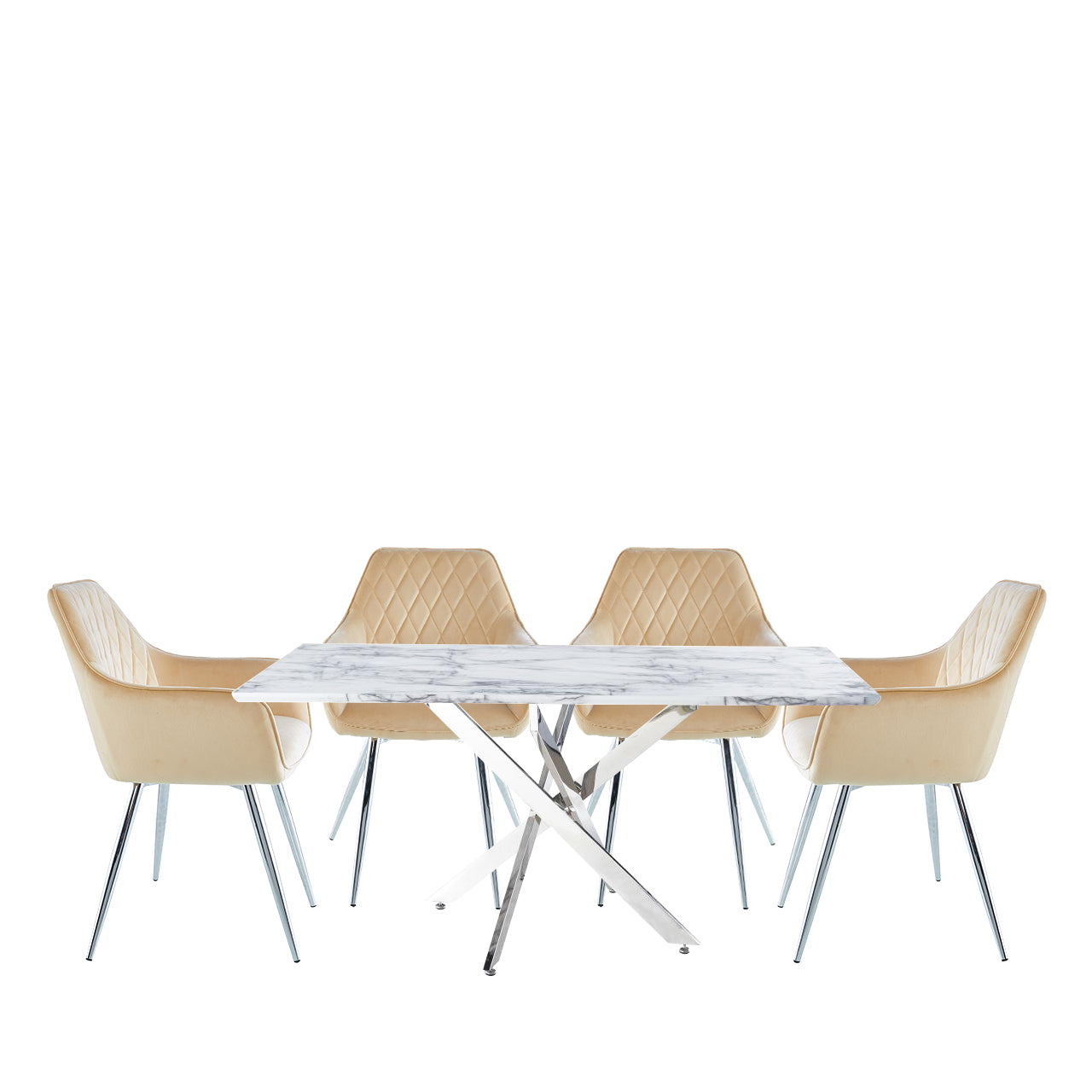 Nova 160cm White Marble & Chrome Dining Table 4 Quinn Champagne Chrome Legs