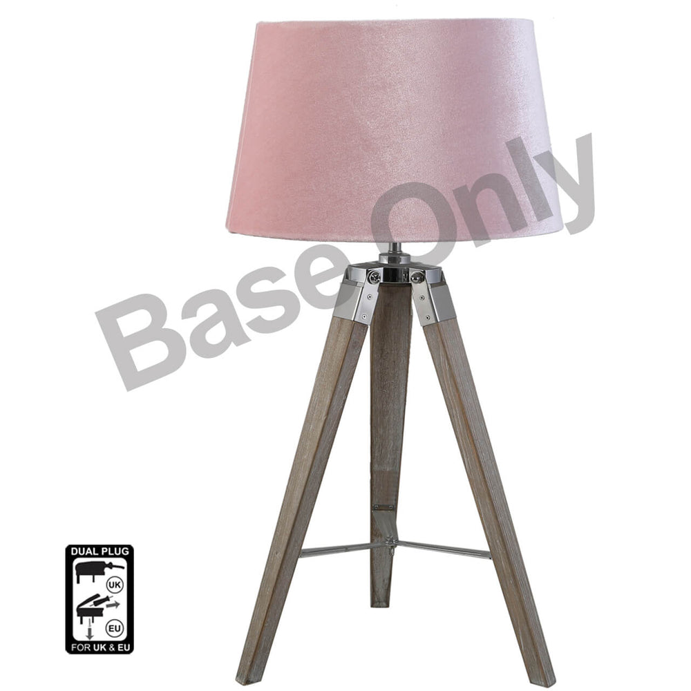 Grey Wood Tripod Table Lamp Base Only – E27 – Dual Plug