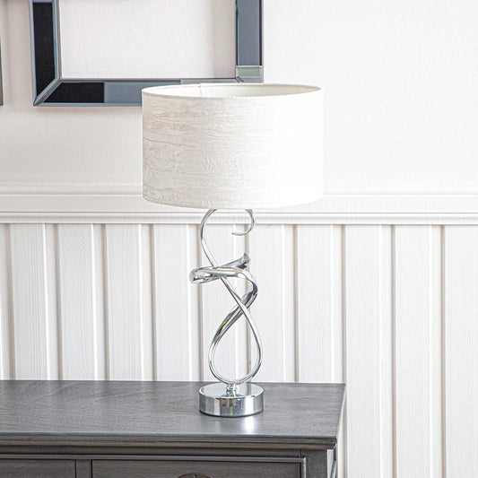 56cm Swirl Metal Table Lamp Ivory Velvet Shade - Dual Plug