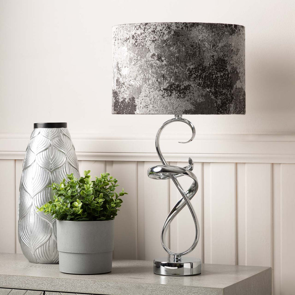 56cm Chrome Swirl Table Lamp 2T Black and White Linen Shade Silver Inside – Dual Plug