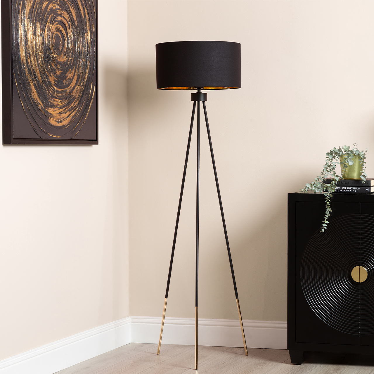 159cm Black and Gold Tripod Floor Lamp with Black Linen Shade Gold Inside - Dual Plug