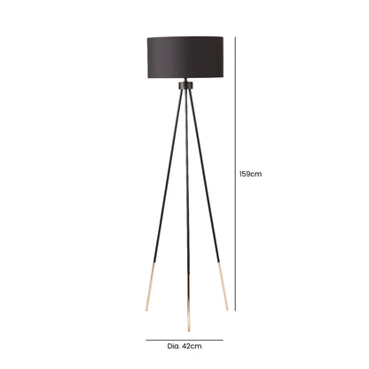 159cm Black and Gold Tripod Floor Lamp with Black Linen Shade Gold Inside - Dual Plug