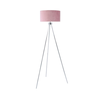 159cm Chrome Tripod Floor Lamp Pink Velvet Shade-E27-Dual