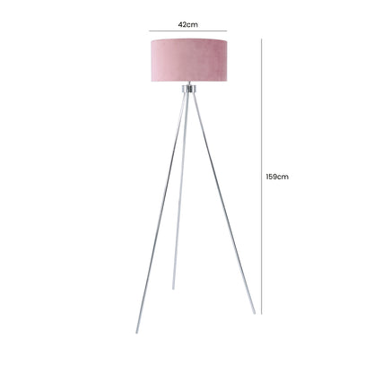 159cm Chrome Tripod Floor Lamp Pink Velvet Shade-E27-Dual