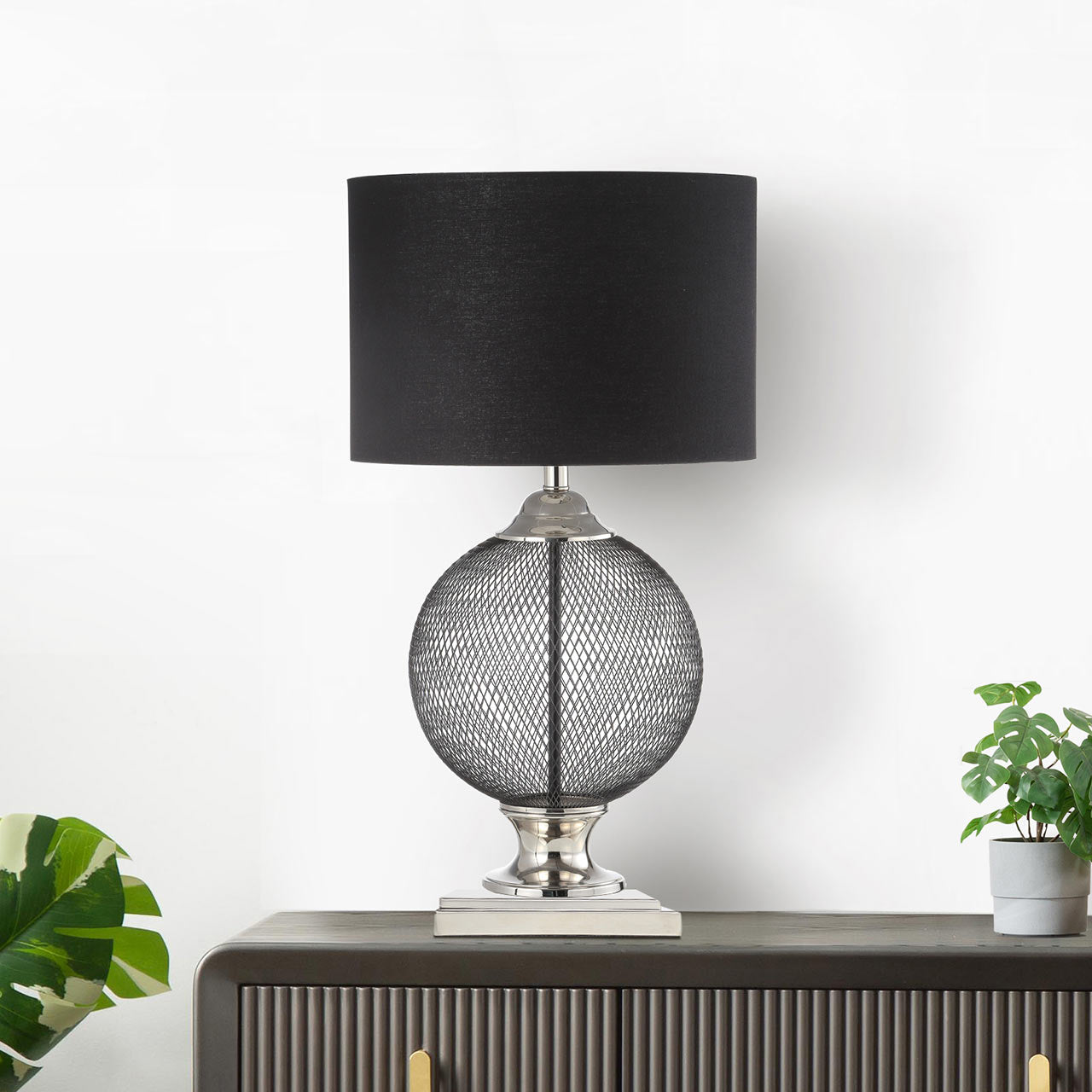 78cm Wire Mesh Table Lamp Black Linen Shade - E27-Dual