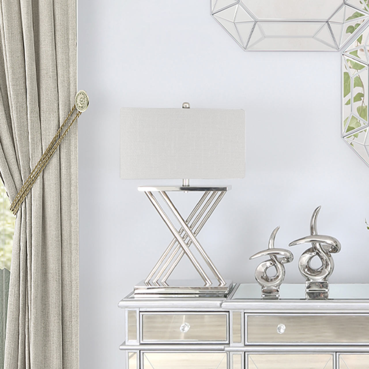 70cm X Nickel Table Lamp  2TWhite Fx Slk Shd Silv In-E27