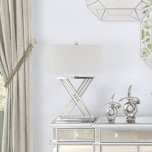 70cm X Nickel Table Lamp  2TWhite Fx Slk Shd Silv In-E27