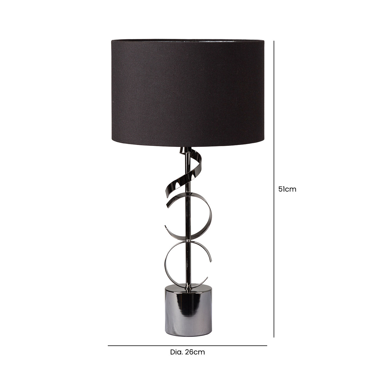 51cm Black Metal Swirl Table Lamp with Black Linen Shade Silver Inside - Dual Plug