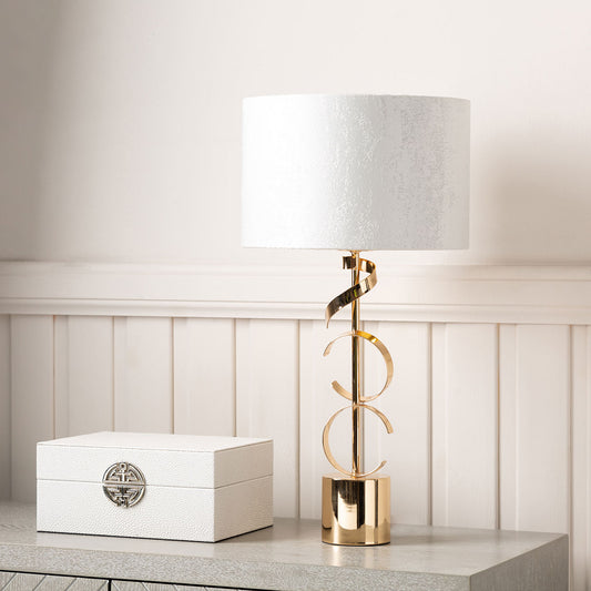 51cm Gold Metal Swirl Table Lamp with White Cotton Shade Gold Inside - Dual Plug