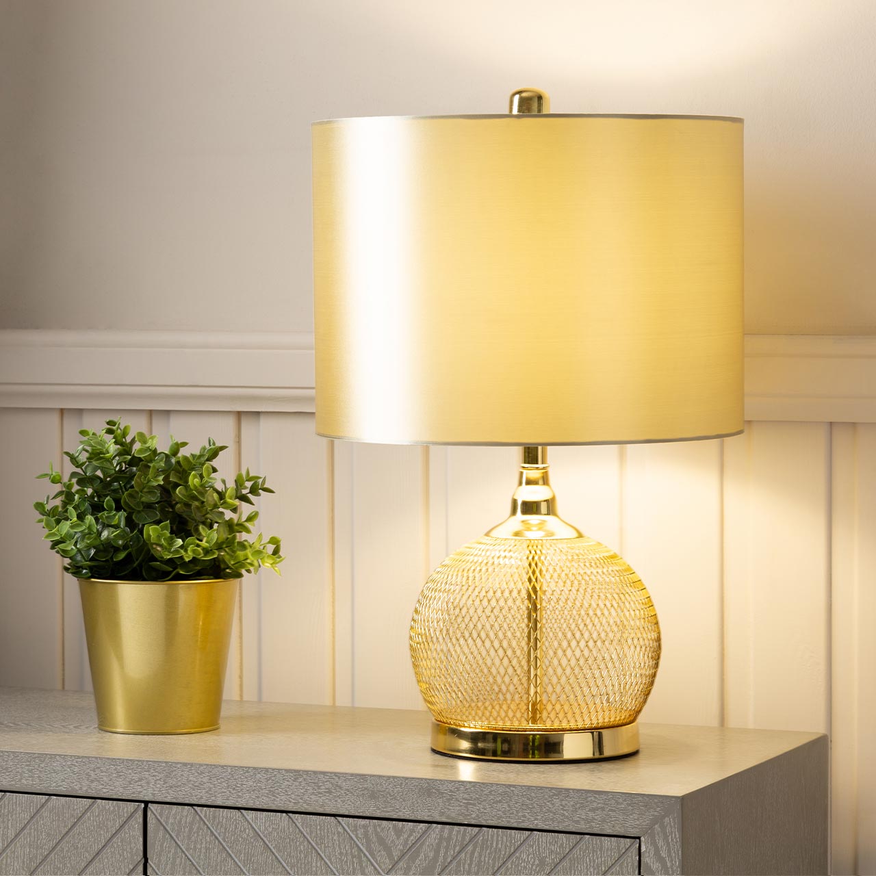 46cm Gold Wire Mesh Table Lamp with Champagne Satin Shade - E27-Dual