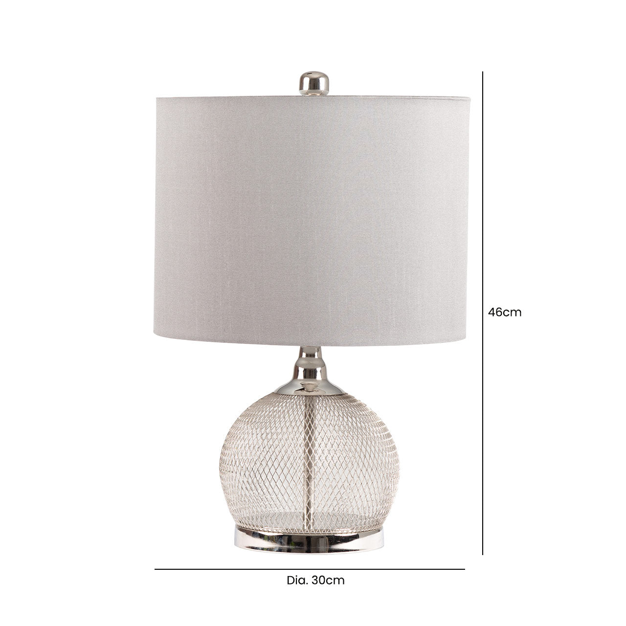 46cm Chrome Wire Mesh Table Lamp with Grey Fx Silk Shade - E27-Dual