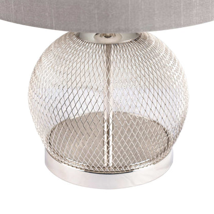 46cm Chrome Wire Mesh Table Lamp with Grey Fx Silk Shade - E27-Dual