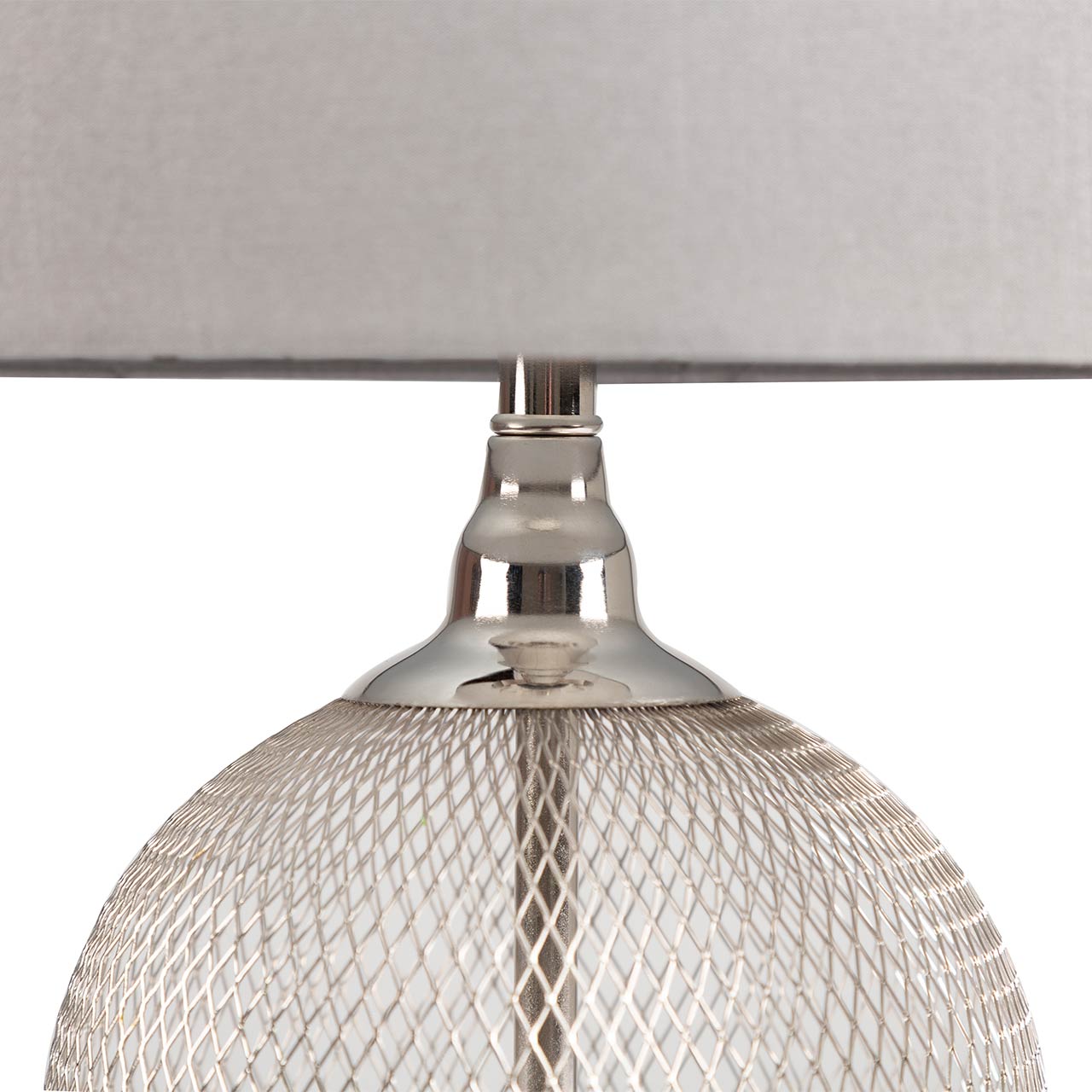 46cm Chrome Wire Mesh Table Lamp with Grey Fx Silk Shade - E27-Dual