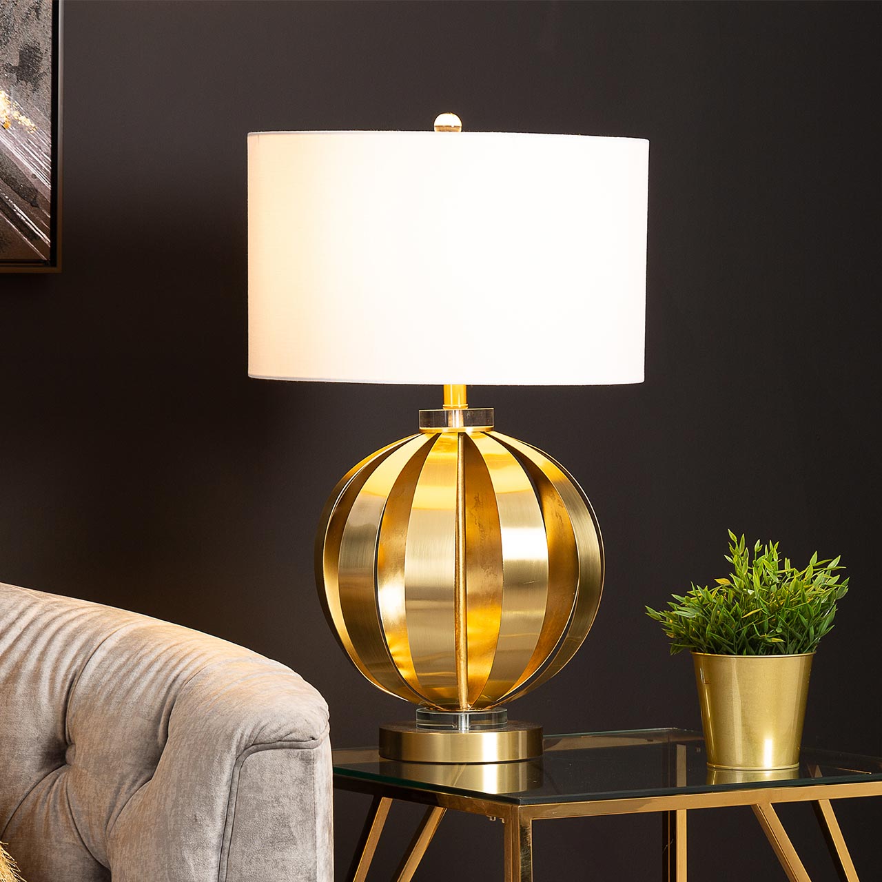 70cm Gold Metal Table Lamp with White Linen Shade- E27 Dual Plug