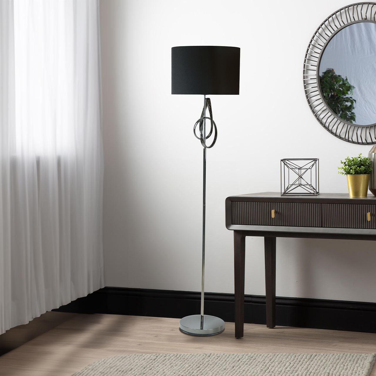 159cm Black G-Clef Design Metal Floor Lamp with Black Linen Shade -E27 Dual Plug