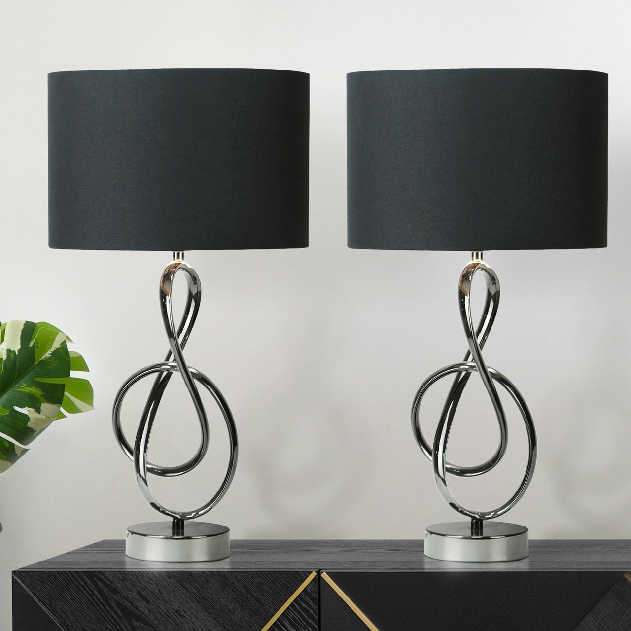 50cm Black G-Clef Design Metal Table Lamp with Black Linen Shade -E27 Dual Plug