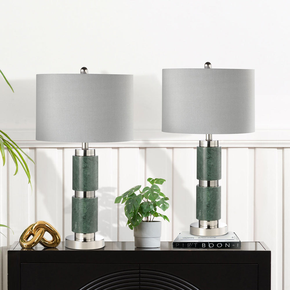 70cm Dark Green Marble Table Lamp with Grey Faux Silk Shade – E27 Dual Plug
