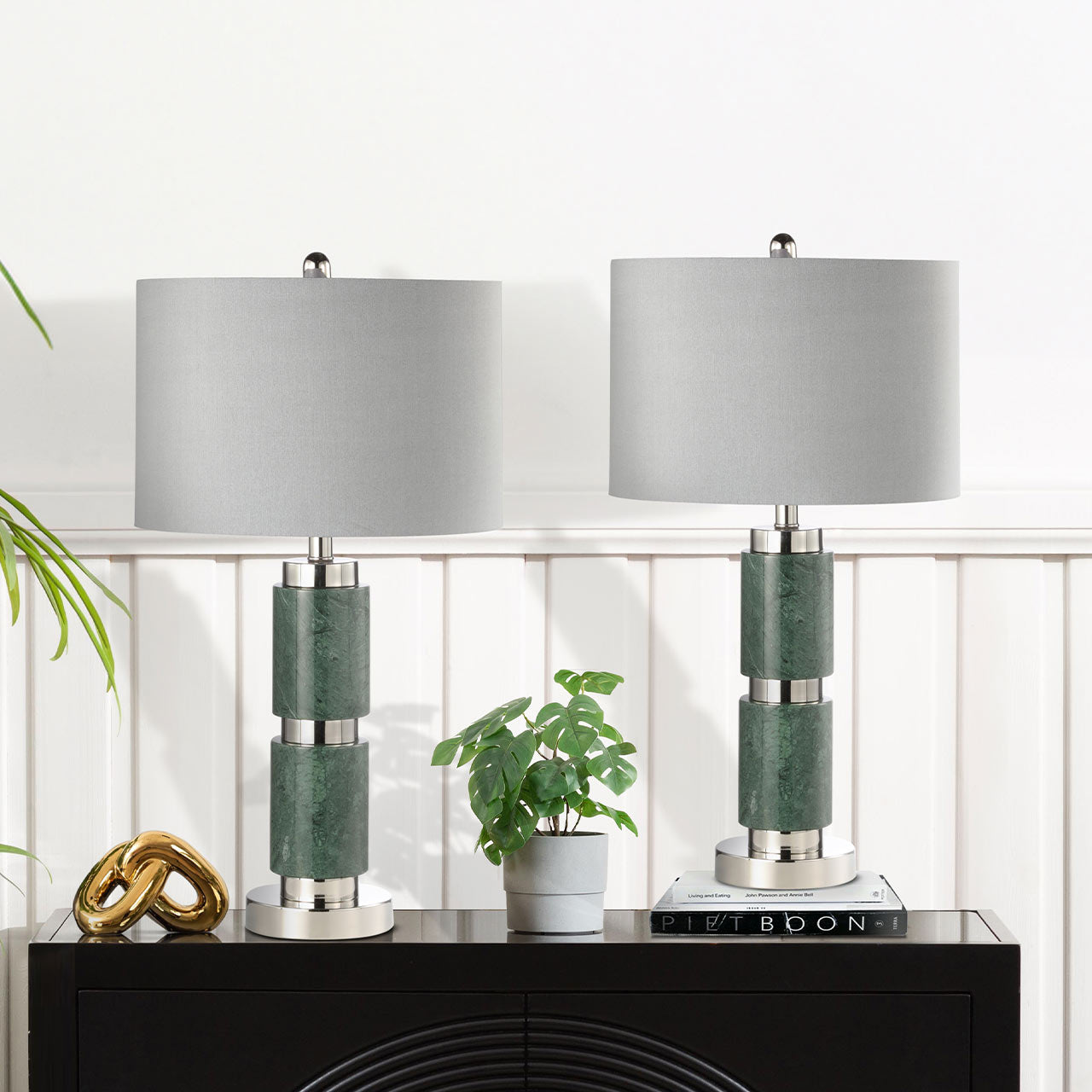 70cm Dark Green Marble Table Lamp with Grey Faux Silk Shade - E27 Dual Plug