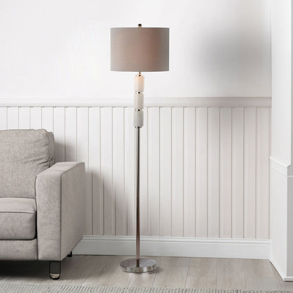 152.4cm White Marble Floor Lamp with Grey Faux Silk Shade - E27 Dual Plug