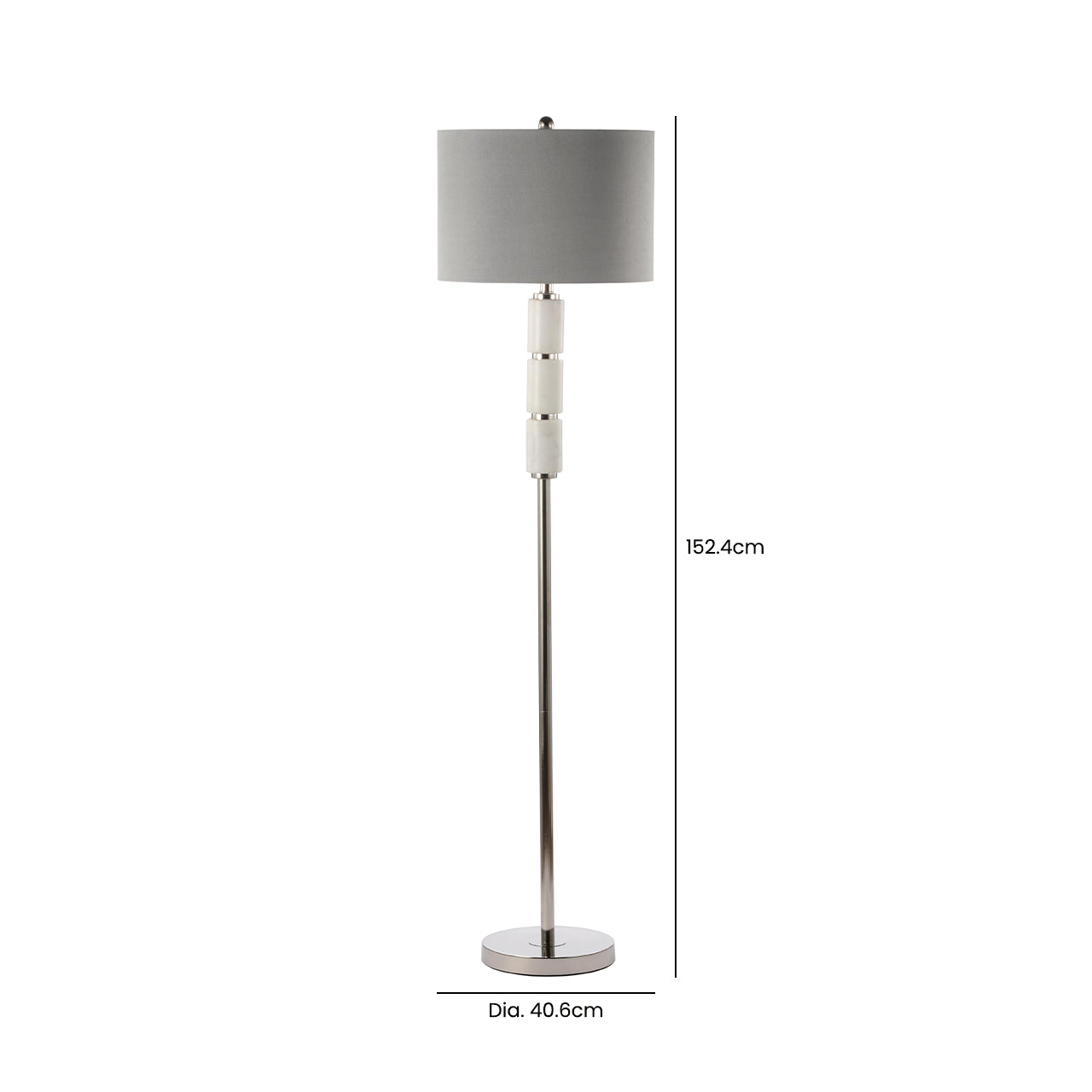 152.4cm White Marble Floor Lamp with Grey Faux Silk Shade - E27 Dual Plug