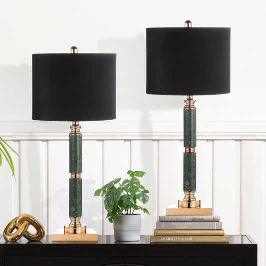 78cm Green Marble Table Lamp with Black Linen Shade - E27 Dual Plug