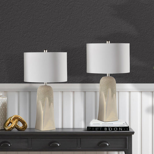 72cm Cream Ceramic Table Lamp with White Linen Shade - E27 Dual Plug