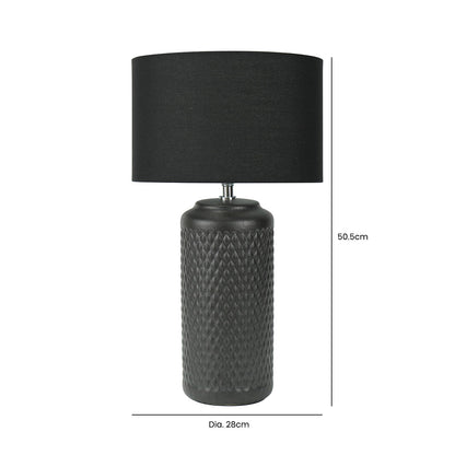 50.5cm Black Patterned Ceramic Table Lamp with Black Linen Shade -E27 Dual Plug