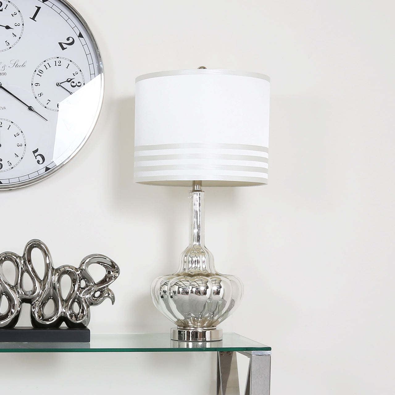 73.5cm CC Silver Gls Tbl Lmp W White Satin Cyl Shd-E27-D.Plug