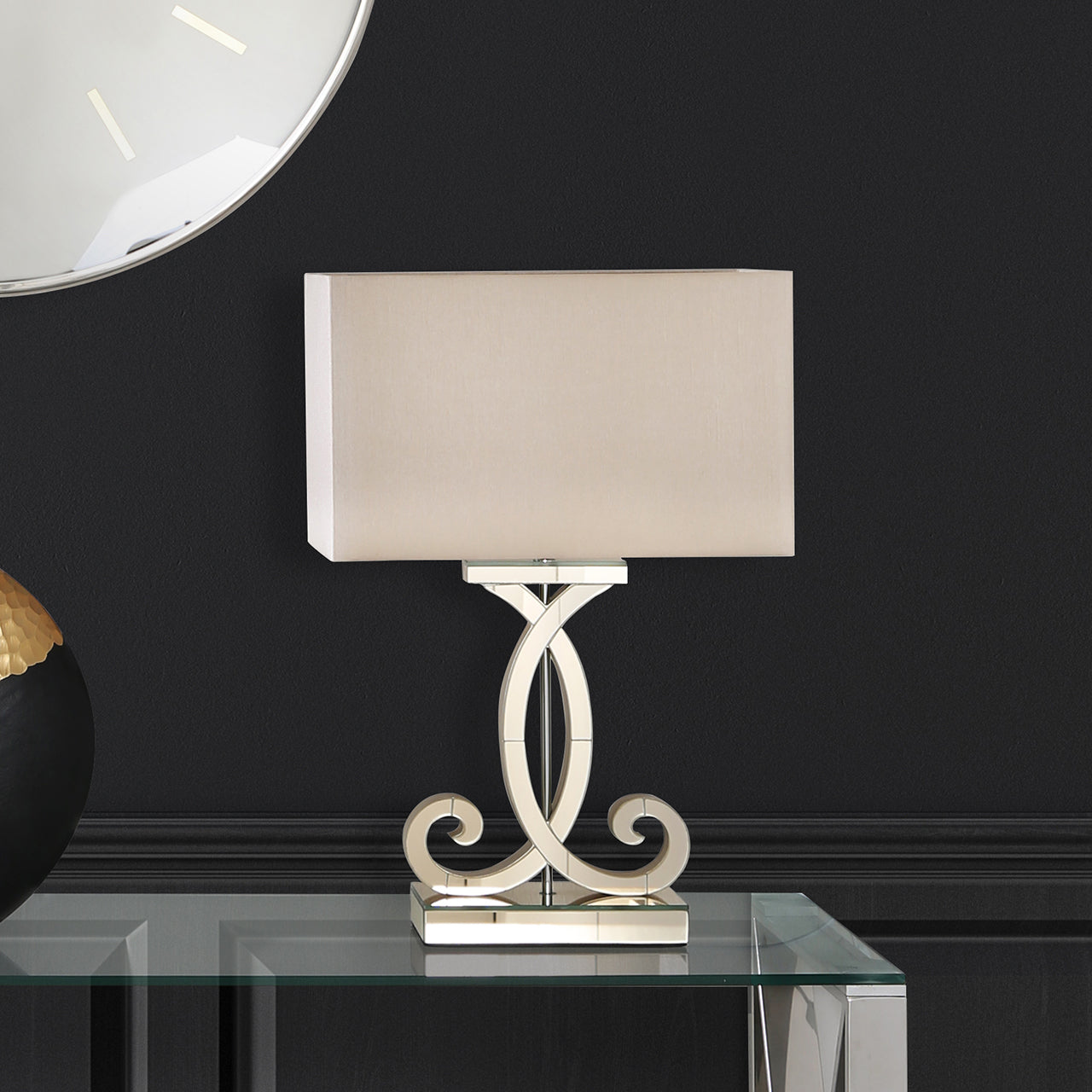 Hera Gold Mirror Table Lamp Champagne Faux Silk Rec Shd E27-DP