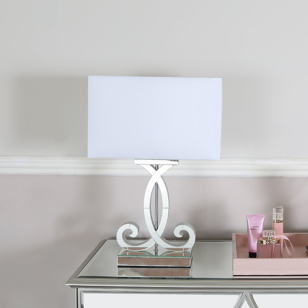 Hera Clear Mirror Table Lamp White Faux Silk Rec Shd E27 – Dp