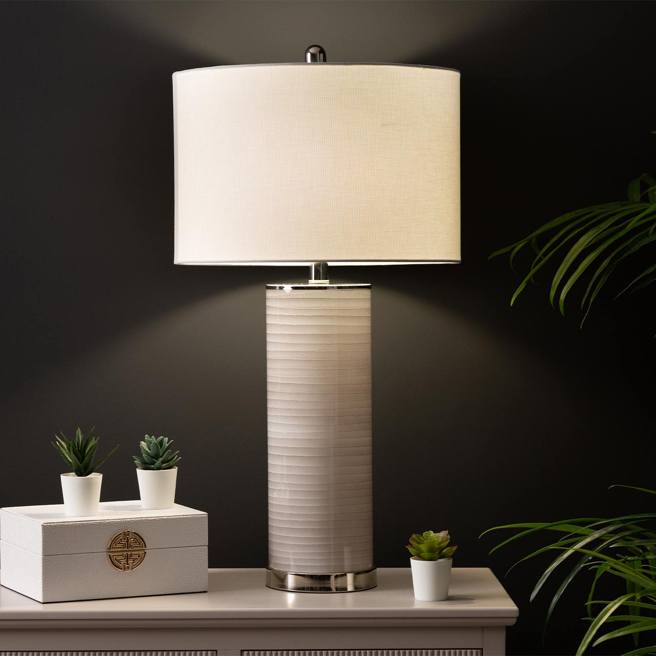 72.4cm Grey Stripe Table Lamp with White Linen Shade - E27 Dual Plug