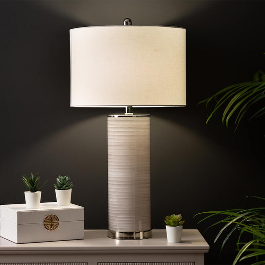 72.4cm Grey Stripe Table Lamp with White Linen Shade - E27 Dual Plug