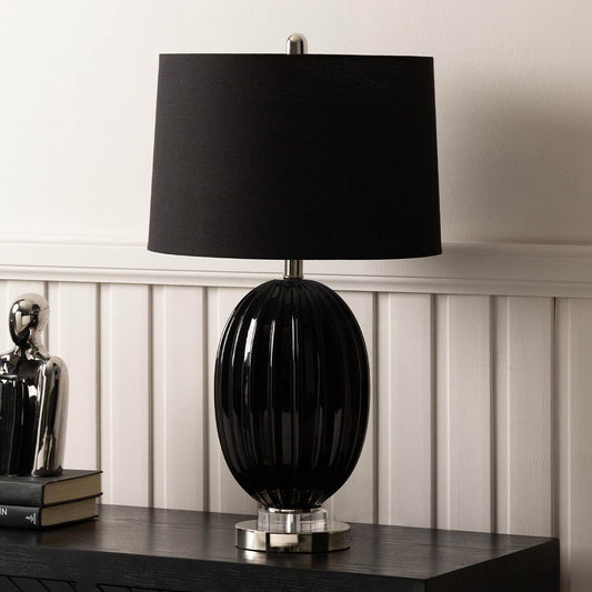 67.3cm Ribbed Black Table Lamp with Black Linen Shade - E27 Dual Plug