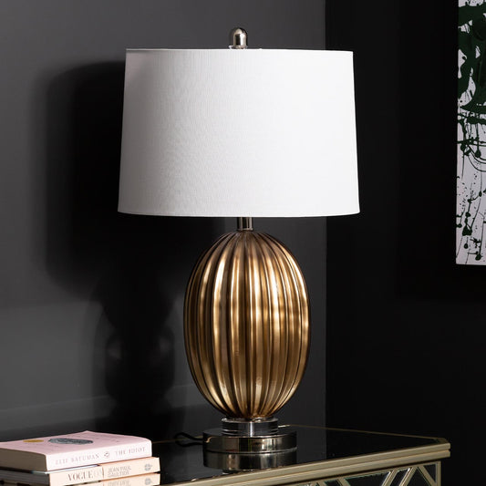 67.3cm Ribbed Gold Table Lamp with White Linen Shade - E27 Dual Plug